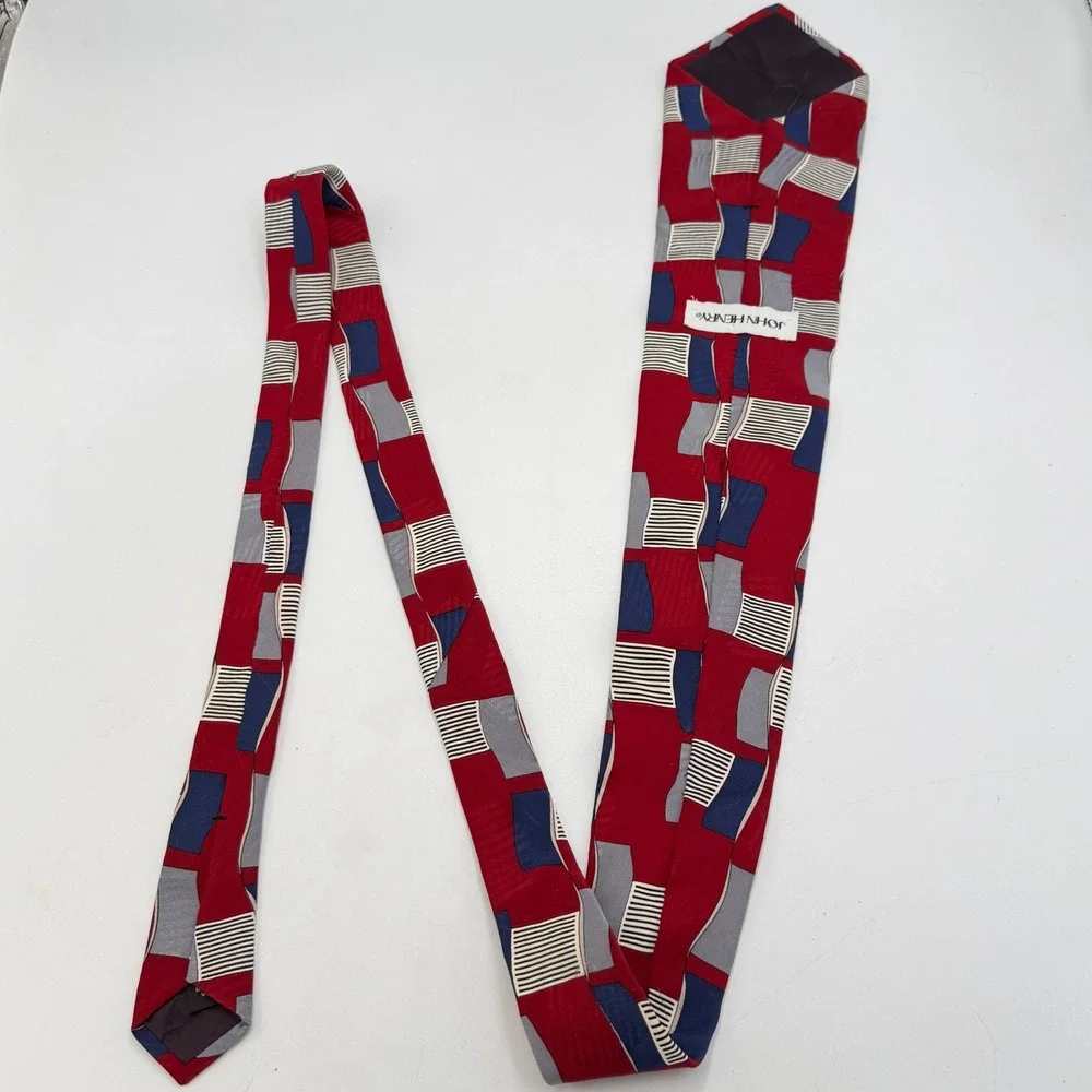 John Henry Mens Silk Tie Red‎ Blue Grey Geometric Abstract Vintage Made in USA